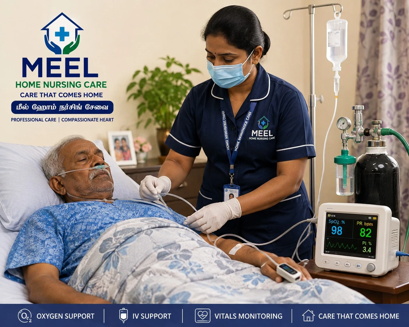 MEEL nurse providing oxygen, IV and vitals monitoring support