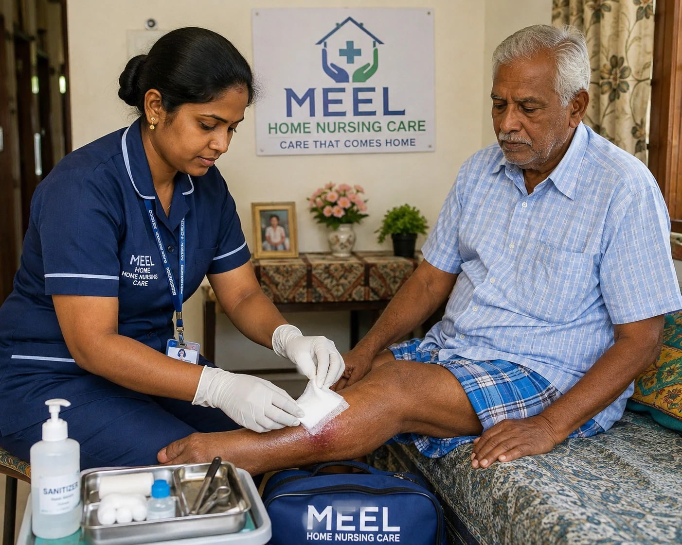 MEEL nurse providing wound care at home